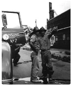 first black firefighter in windsor, Eugene Steele (left) helping fight 1967 detroit riot fires